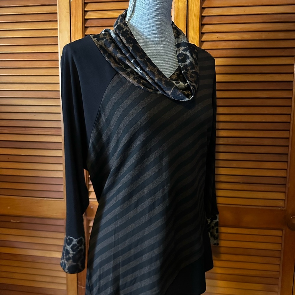 Joseph Ribkoff Asymmetrical Stripe Cowl Neck Top with Leopard Accents